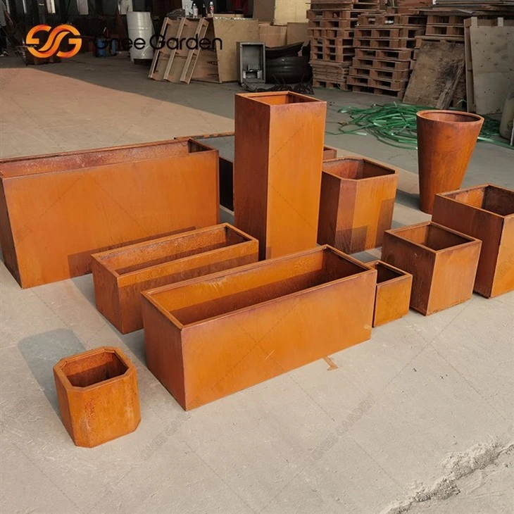 Corten Steel Metal Planter Box, Rectangular Sizes, Modern Garden Steel Planters For Commercial And Residential Outdoor Use.